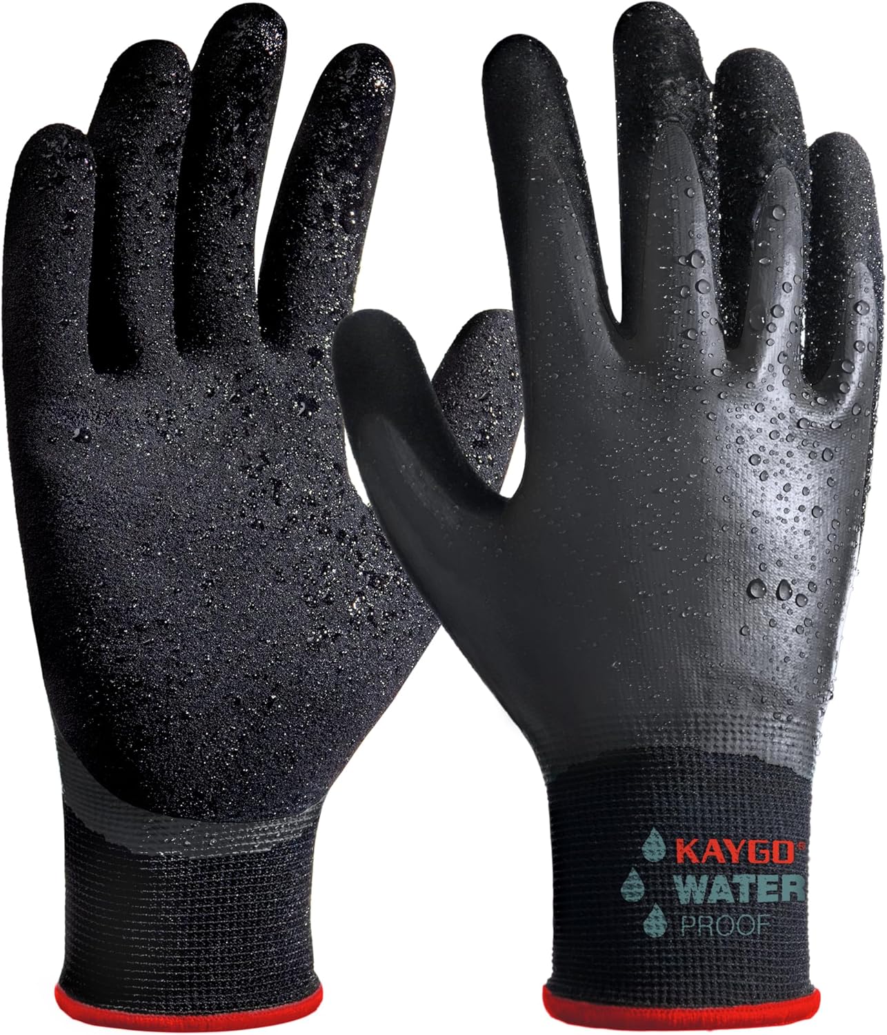 KAYGO Waterproof Work Gloves for Men and Women, Rubber Coated Non-slip Working Gloves for Garden, Outdoor Construction,KG150,Black,S