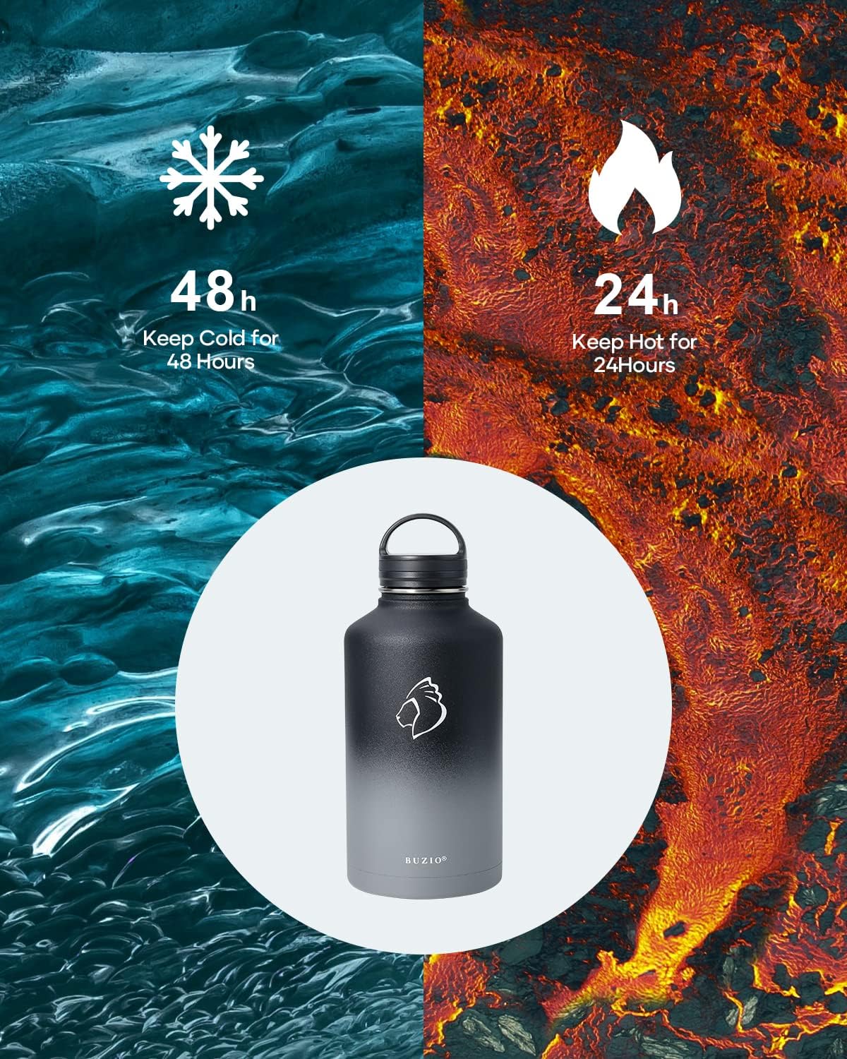 BUZIO 64 oz Water Bottle Insulated with Straw & 3 lid and Carrying Pouch, Leak Proof Half Gallon Stainless Steel Water Flask Jug, Cold for 48 Hrs Double Vacuum Thermo Canteen, BPA-Free, Shadow