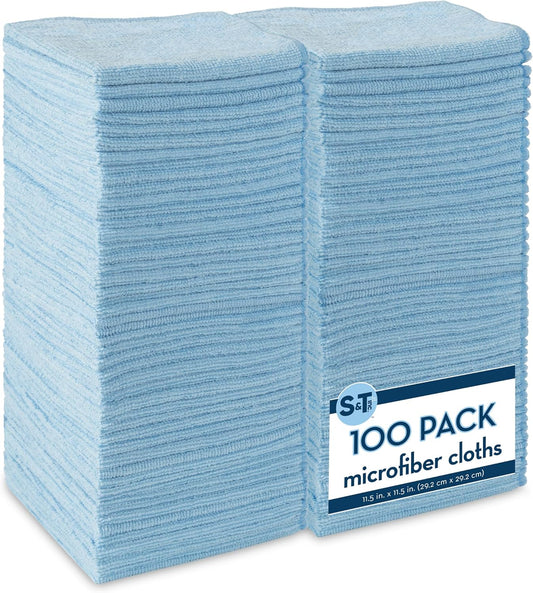 S&T INC. 100 Pack Microfiber Cleaning Cloth, Bulk Towels for Home, Reusable Microfiber Towels for Cars, Cleaning Rags, Light Blue, 11.5 Inches x 11.5 Inches, 100 Count