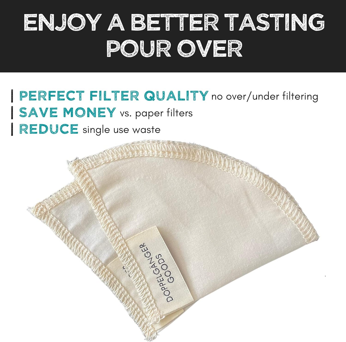 (2-Pack) Reusable Organic Cotton Pour Over Cone Filters for Hario V60, Chemex, Kalita and Origami Style Filters — Pourover Coffee Filter Maker Cup Ceramic, Glass, Plastic Dripper (Size 02, 2-4 Cups)