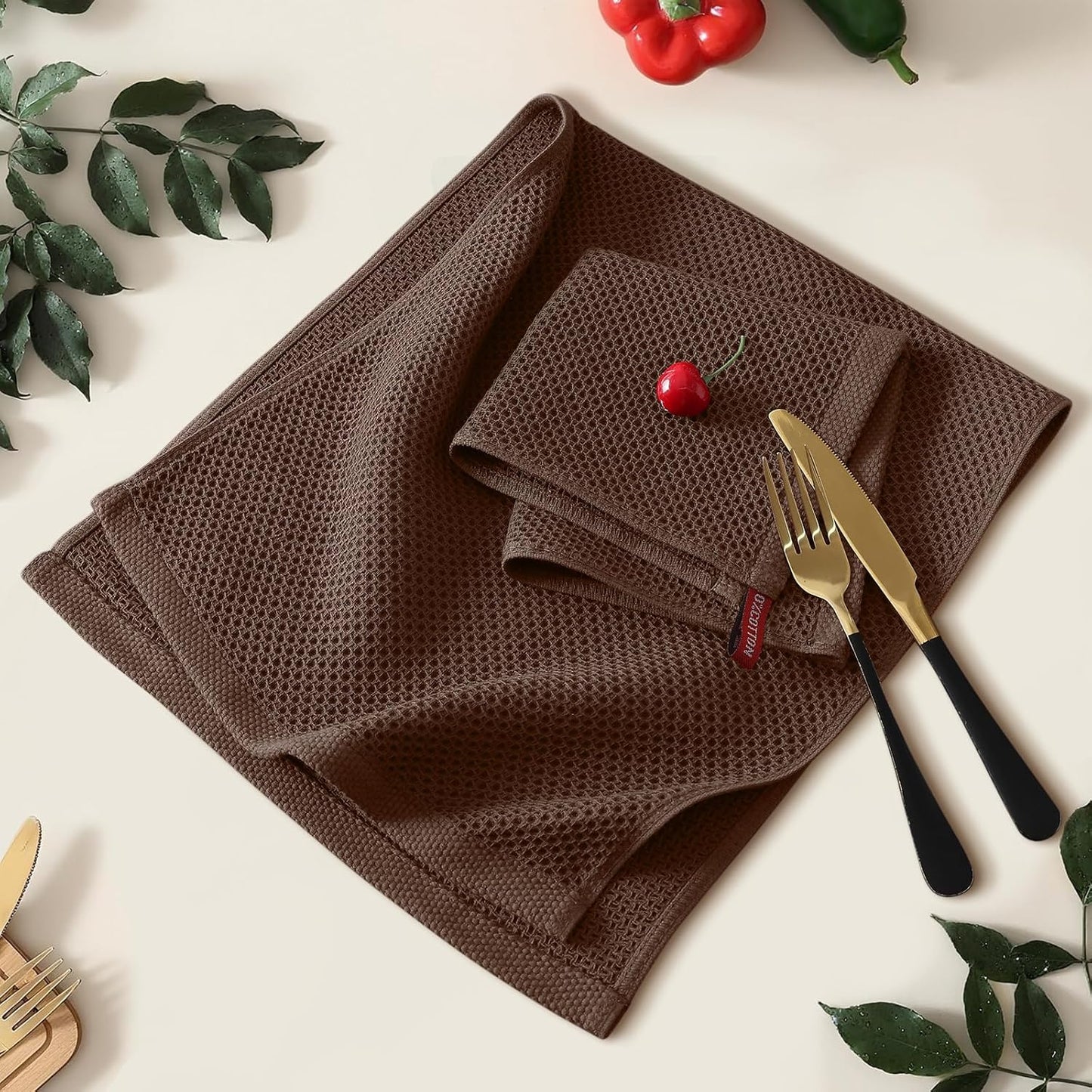 Kitinjoy 100% Cotton Waffle Weave Kitchen Towels (13 X 28 Inches, Coffee), 4-Pack Super Soft and Absorbent Dish Towel for Drying Dishes, Kitchen Hand Towels