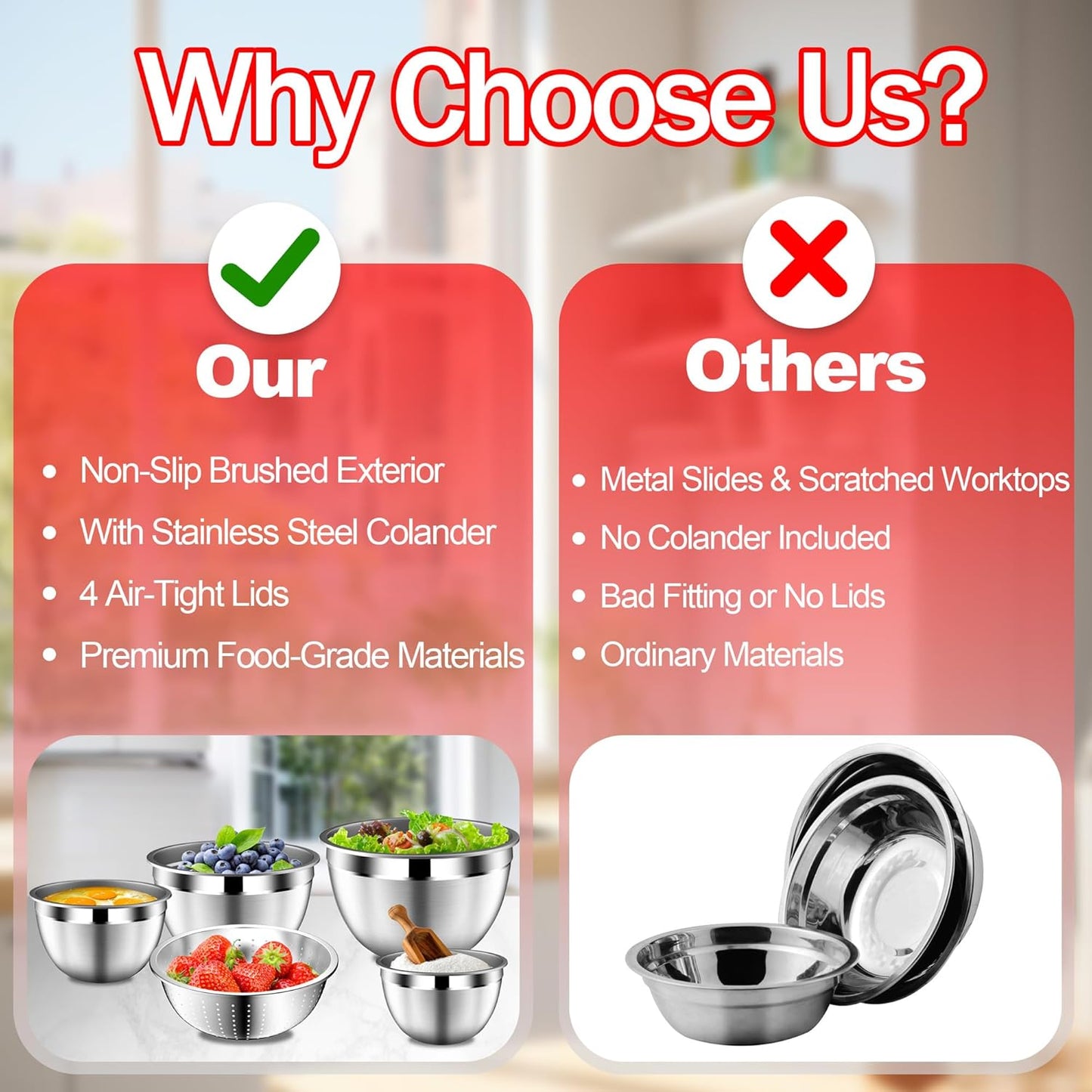 Mixing Bowls with Strainer, Mixing Bowl with Lids Set, Stainless Steel Mixing Bowls, Kitchen Gadgets 2025 Salad Bowls with Strainer for Mixing & Preping & Baking, Multicolor