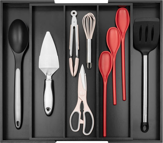 Purawood Kitchen Drawer Organizer - Expandable Utensil Organizer for Kitchen, Cutlery Tray & Silverware Organizer, 3-5 Slots - Bamboo Drawer Organizer for Utensils & Flatware (Black)