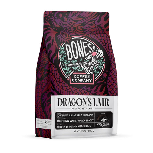 Bones Coffee Company Dragon's Lair, Smokey, Cacao and Caramelized Sugar Notes, Unflavored Coffee, Medium Roast Low Acid Arabica Beans Compatible with Auto drip and French Press Coffee Maker, 12 Oz Whole Bean