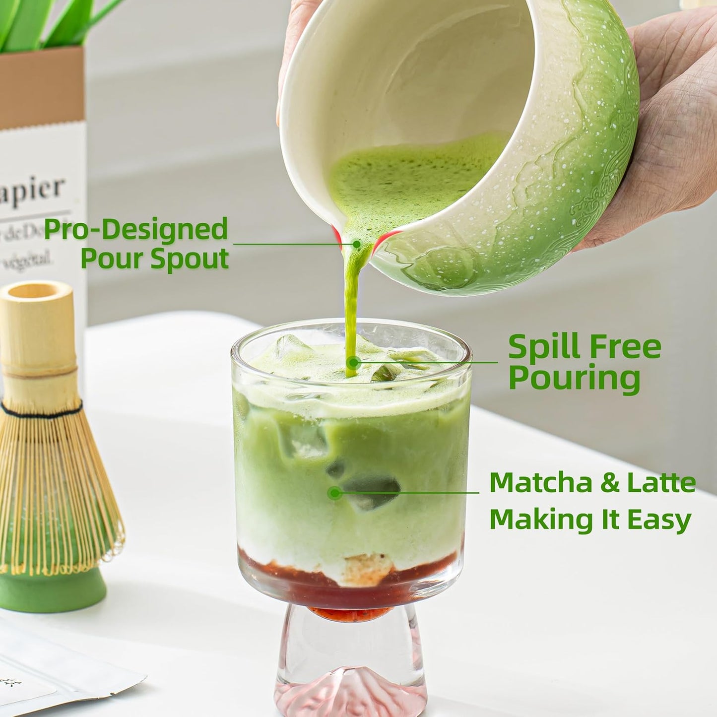 TEANAGOO 7 Pcs Matcha Whisk Set,Green Matcha Set, Ceremony Matcha Powder Kit,Matcha Tea Set for Making Latte,Matcha Whisk Set and Bowl with Scoop&Sifter,Fuji Design Ceramic Bowl,Gift for Matcha Lovers