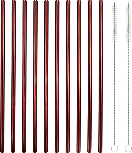 10 Pcs Stainless Steel Straws, Reusable Drinking Straws, Straight Metal Straw Sets with 2 Pcs Cleaning Brushes (10.5 Inch, Red)