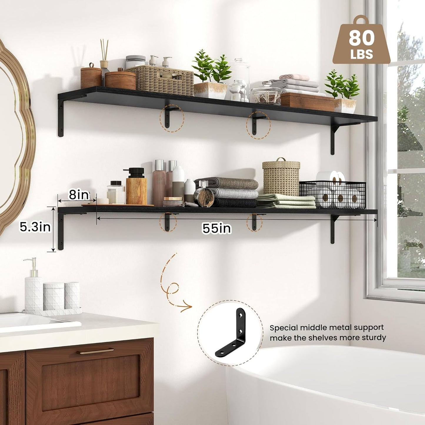 Fun Memories Deep Floating Shelves, 55W x 8D Floating Shelves Set of 2, Wall Mounted Shelf with Metal Brackets, Rustic Wood Wall Shelf for Bathroom, Kitchen and Living Room, Black