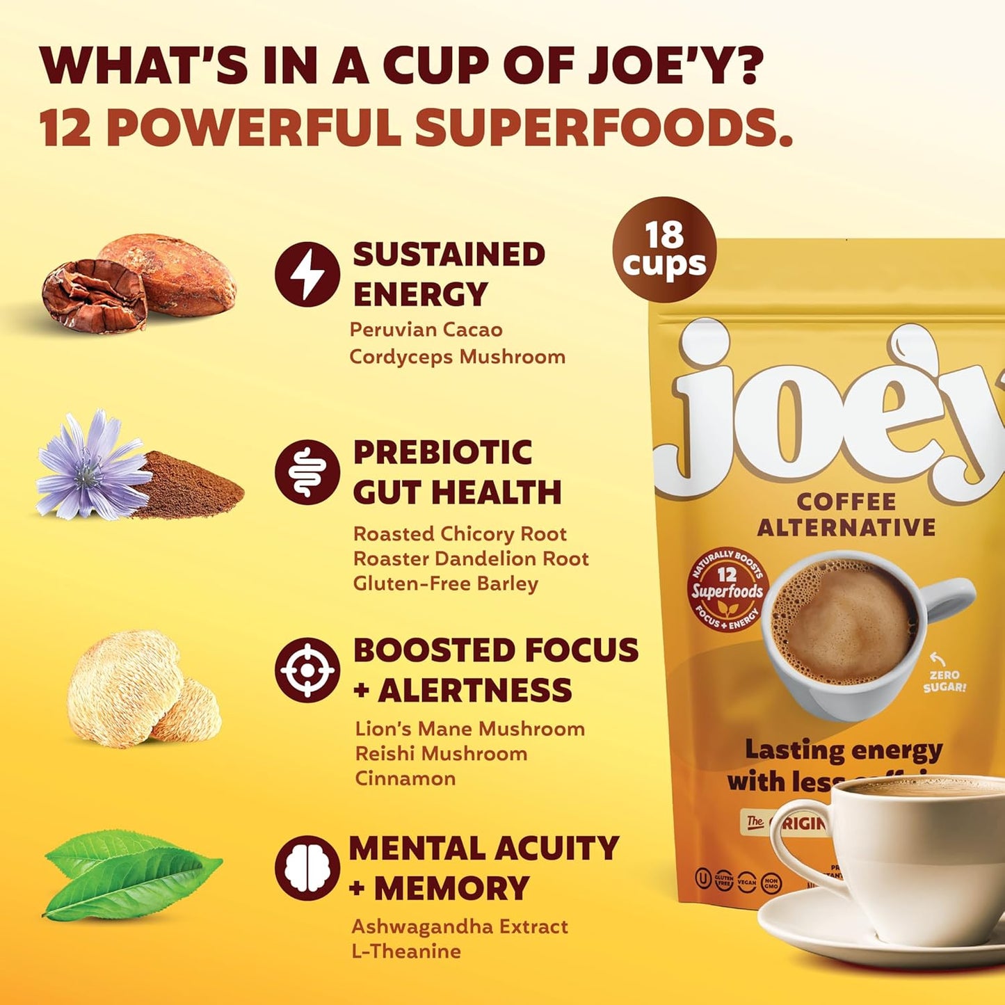 Joe'y Mushroom Coffee Alternative with Cacao and Dandelion Root, Chicory Coffee Substitute with Adaptogenic Superfoods, Vegan Gluten-Free Drink for Focus and Clean Energy without Jitters, 18 Servings