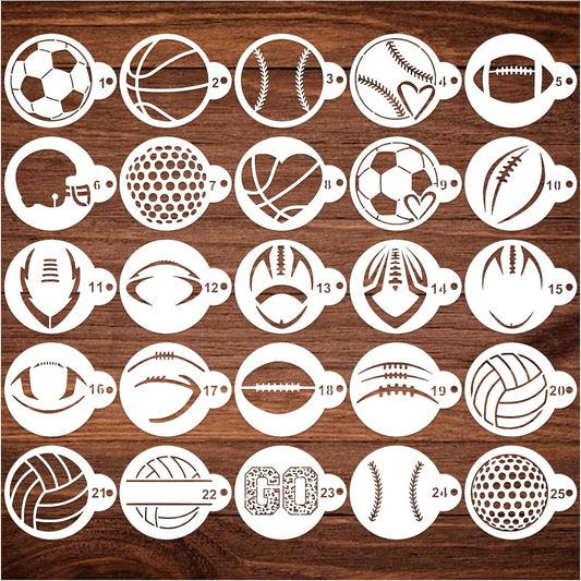 Small Sports Ball Stencil for Cakes Cupcake Cookie Decorating Stencils Reusable Football Basketball Baseball Golf Soccer Stencil on Baking Coffee Decorating Card Making (25 Sport Cookie)