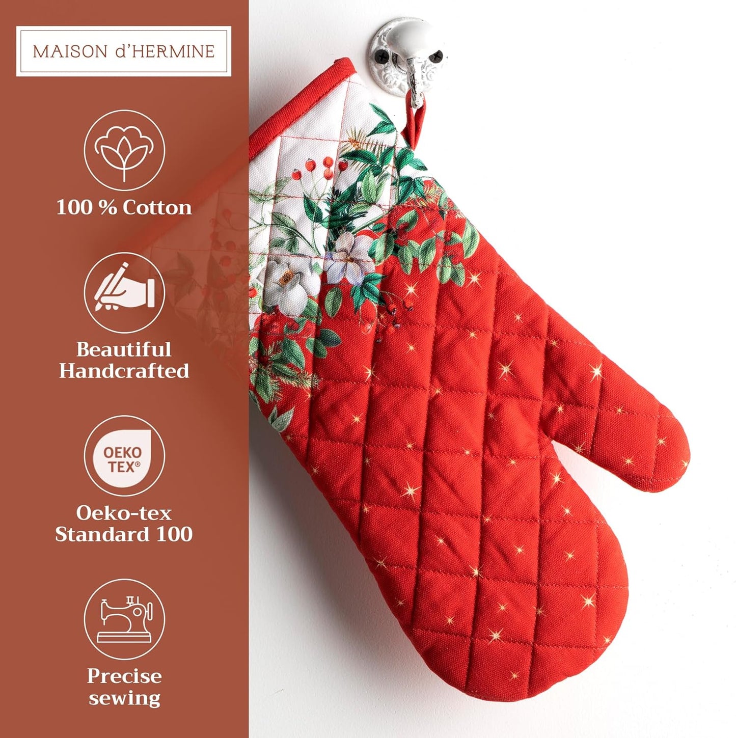 Maison d' Hermine Oven Gloves 100% Cotton Oven Mitt 7" x 13" with Loop Heat Resistant, BBQ, Cooking Gloves, Baking, Grilling, Kitchen, Handling Hot Pans (Pack of 1, Noel)