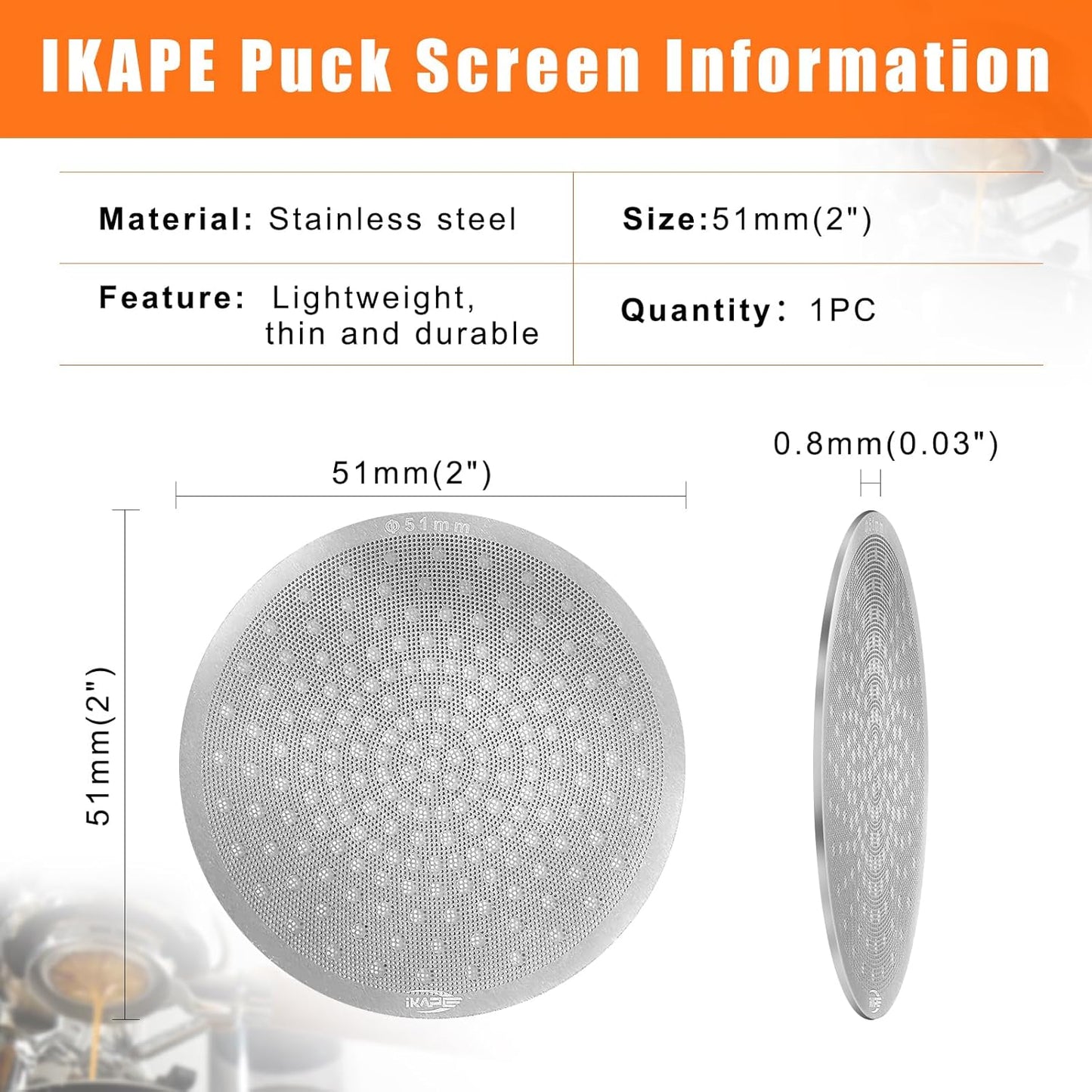 IKAPE 51mm Espresso Puck Screen, 0.8mm Thickness, Reusable Metal Thin & light Coffee Filters, Food-grade 316 Stainless Steel Coffee Puck Screen for Espresso Baristas