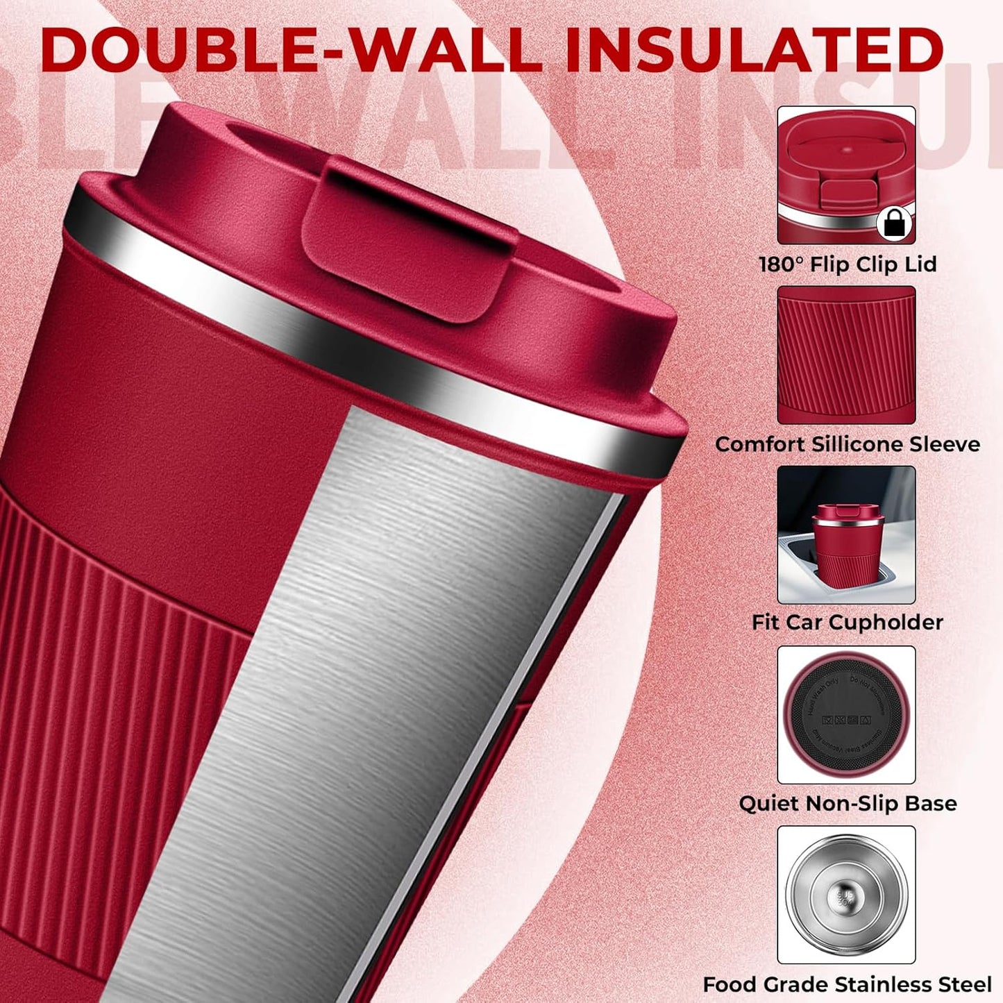 Insulated Coffee Tumbler 12 oz, Stainless Steel Coffee Mug with Lids, Travel Coffee Mug Leak Proof, Double Wall Vacuum Insulated Reusable Iced Coffee Cup, Keep Drinks Hot and Cold (Red, 17 Ounces)