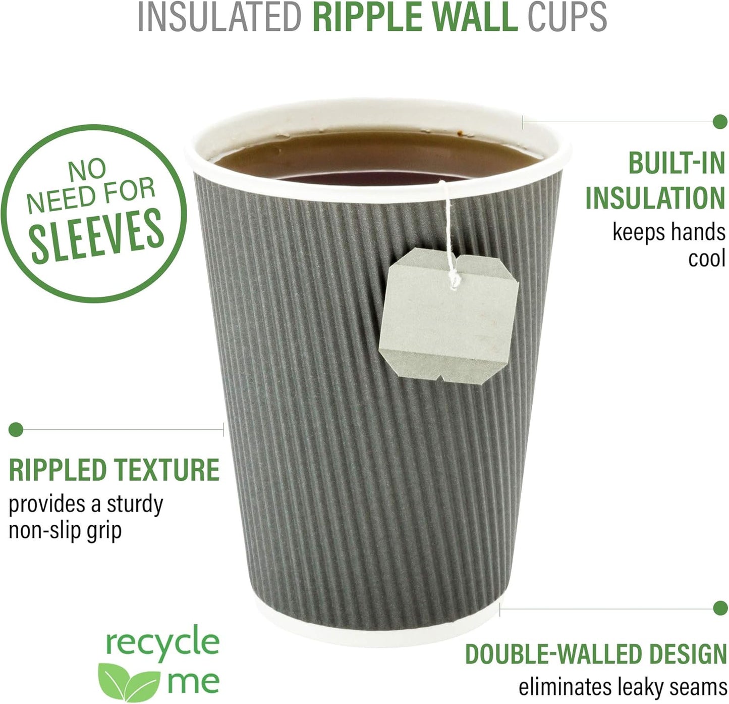 Restaurantware 4 Ounce Ripple Wall Disposable Coffee Cups, 500 Insulated Gray Paper Tumblers with Rolled Rim Design, Lids Sold Separately for Hot Drinks like Tea, Hot Chocolate and More