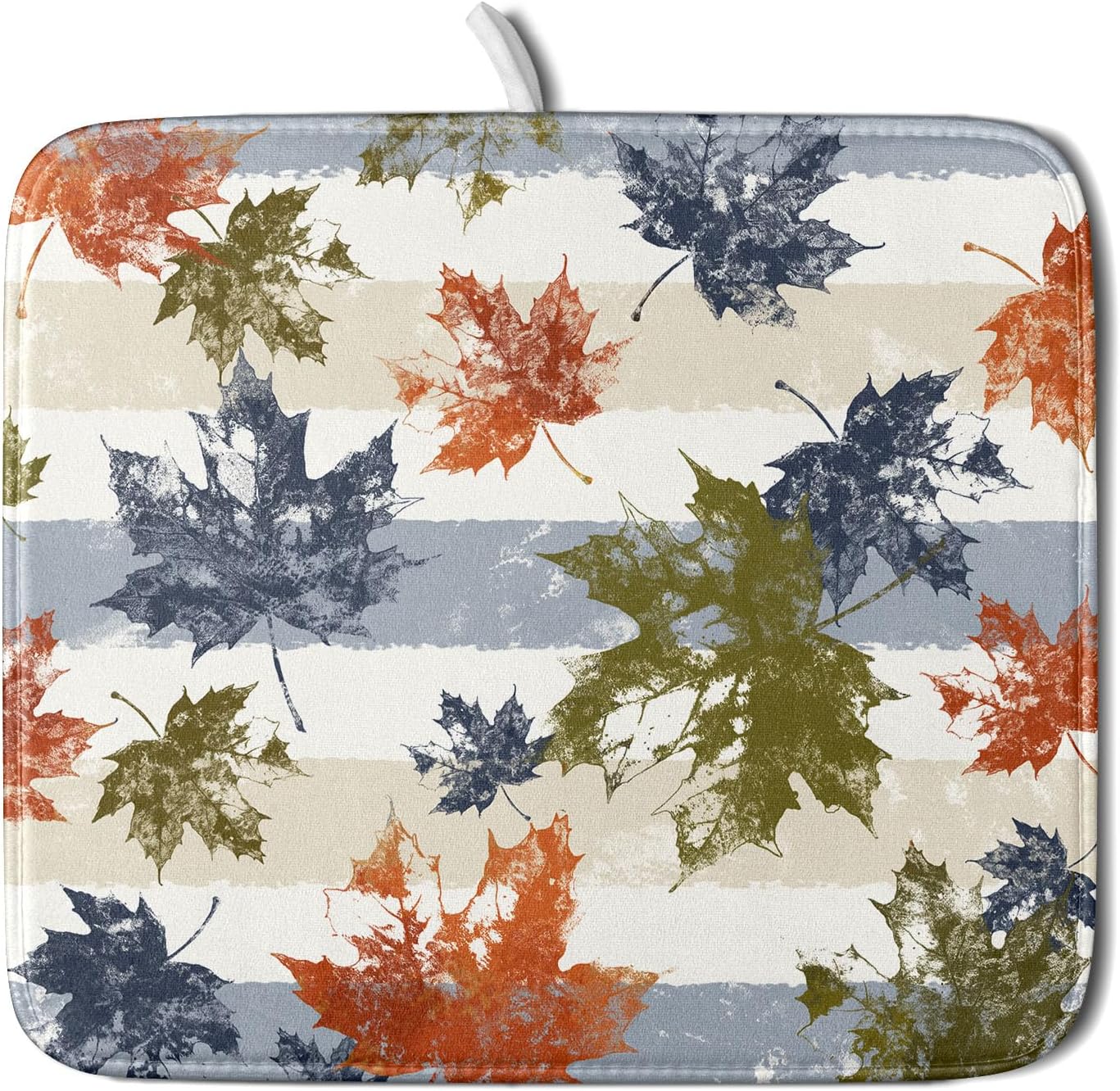 Autumn Colorful Maple Leaves Dish Drying Mat for Kitchen Counter,Blue and White Stripe Drying Mat 16 x 18 Inch with Absorbent Reversible Microfiber Dish Drying Pad Dish Rack Drainer Mat for Coffee Bar