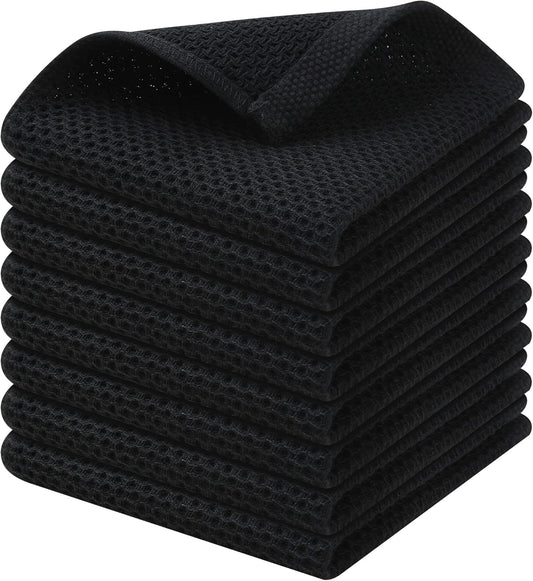 Kitinjoy 100% Cotton Kitchen Dish Cloths, 8 Pack Waffle Weave Ultra Soft Absorbent Dish Towels for Drying Dishes Quick Drying Kitchen Towels Dish Rags, 12 X 12Inch, Black