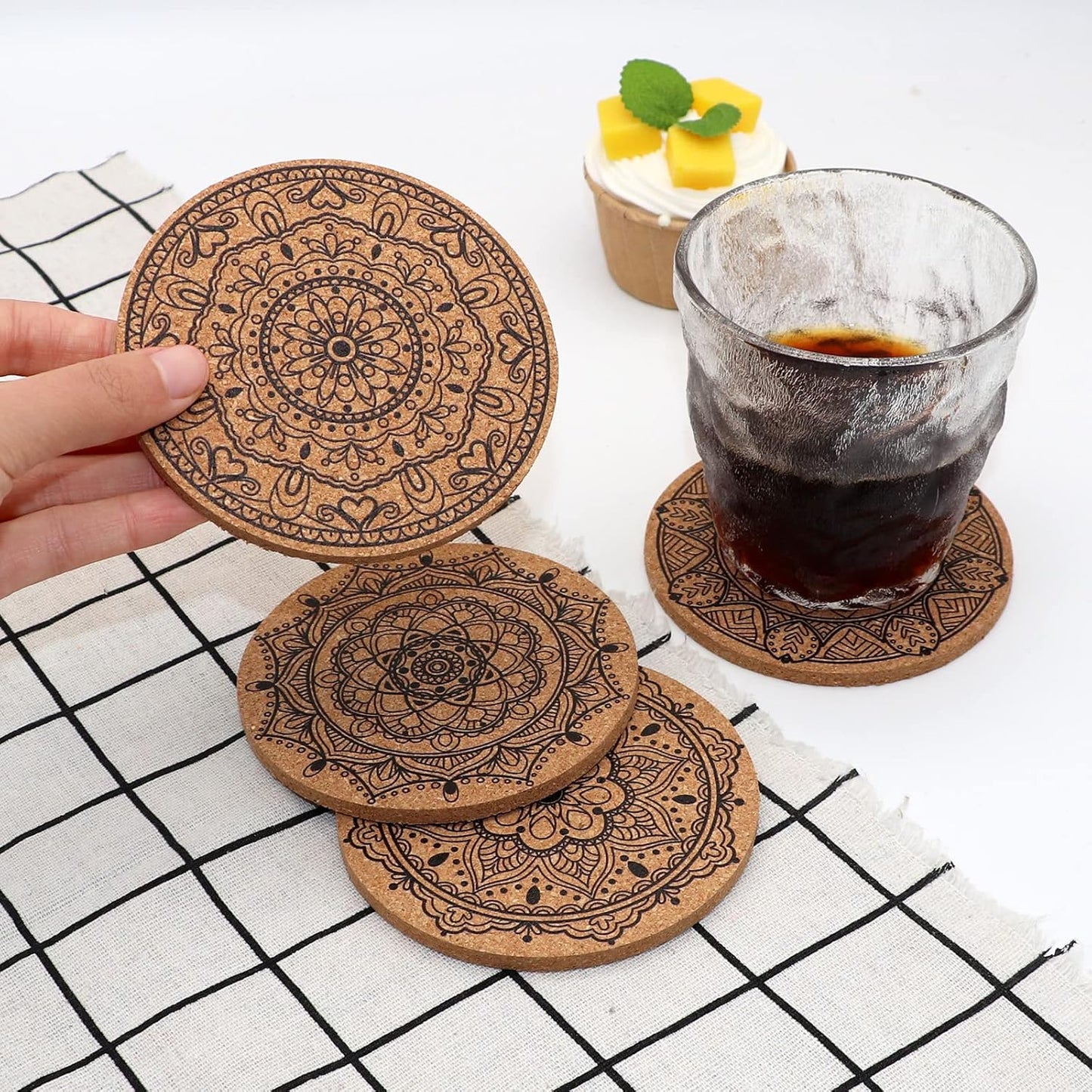 Coasters for Drinks 12 pcs Absorbent Cork Coasters with Flower Pattern Housewarming Gifts for New Home Present for Friends, Living Room Decor, Apartment Decor