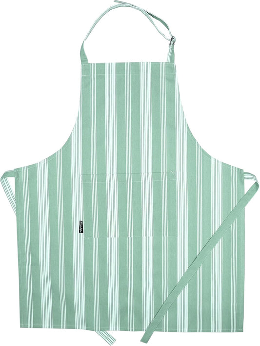 AMOUR INFINI Cotton Striped Aprons for Women with Pockets - Adjustable Strap and Waist Ties Printed Apron for Baking, Cooking, Gardening (27.5 x 33 Inches - Sage Green)