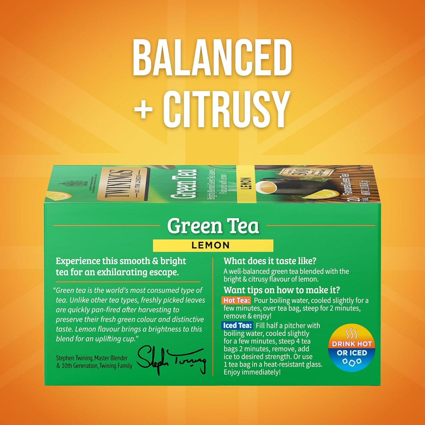 Twinings Green Tea with Lemon Individually Wrapped Bags, 20 Count (Pack of 1), Zesty Citrus Aroma & Flavour, Caffeinated, Enjoy Hot or Iced, 20 Teabags