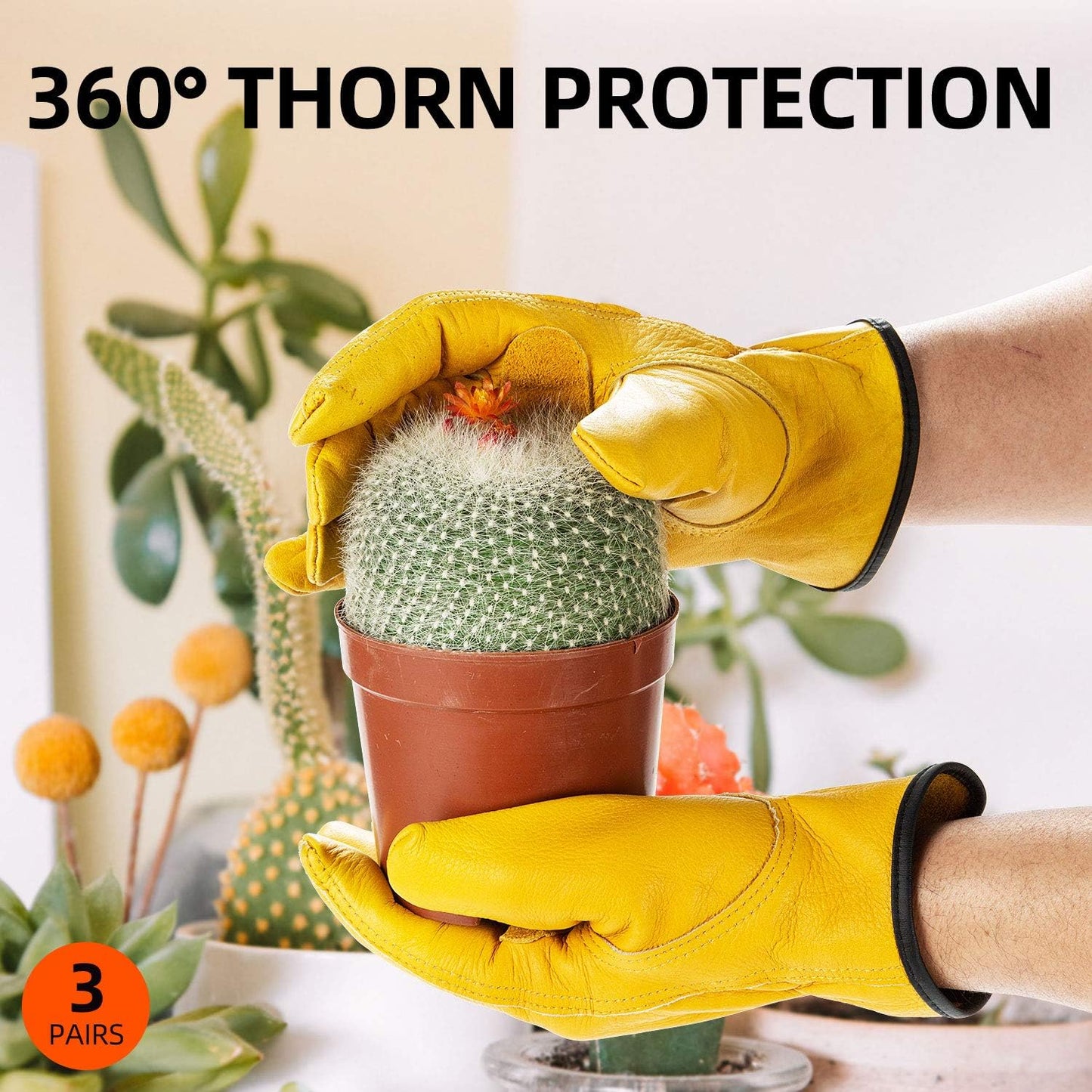 Vgo 3-Pairs Unlined Cow Grain Leather Work and Driver Gloves with Cow Split Leather Palm Patch (Size XXL, Gold,CA9590)