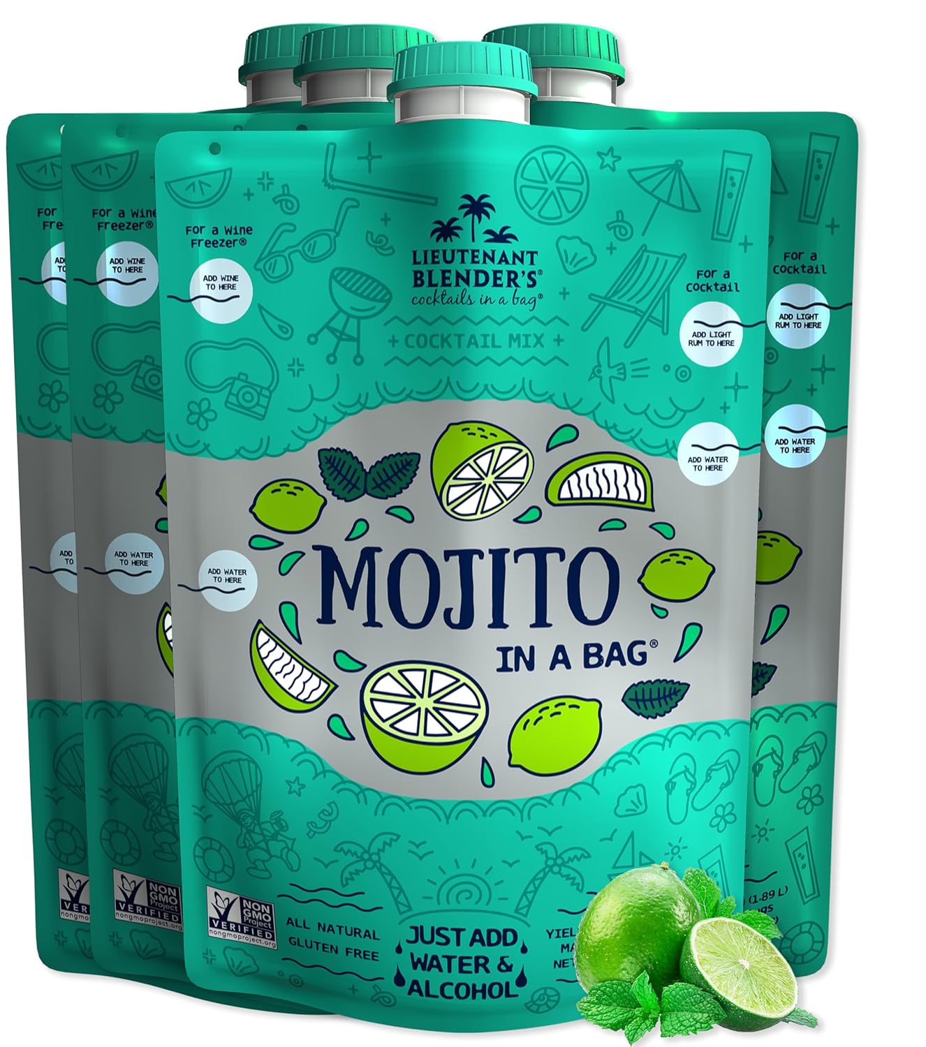 Lt. Blender's Mojito in a Bag - Each Bag Makes 1/2 Gallon of Frozen Mojito Mix – Non-GMO Cocktail Mix for Slushies – Make a Cocktail, Wine Slushie or Mocktail - (Pack of 4)