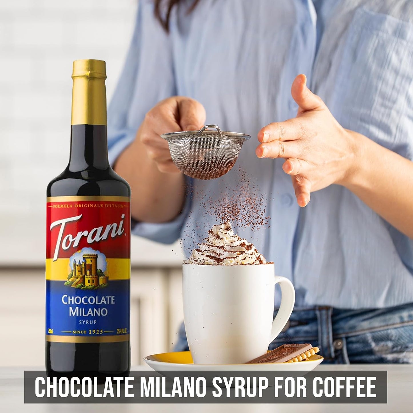 Jimoco® Syrup Pump Dispenser + Torani® Chocolate Milano Syrup, 25.4 oz - Coffee Syrup Pump & Flavoring Bundle