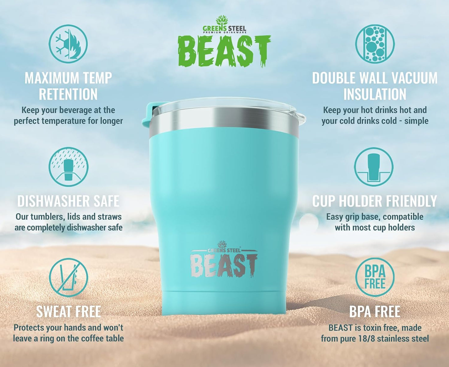 Beast 10 oz Tumbler Stainless Steel Vacuum Insulated Coffee Ice Cup Double Wall Travel Flask (Aquamarine Blue)
