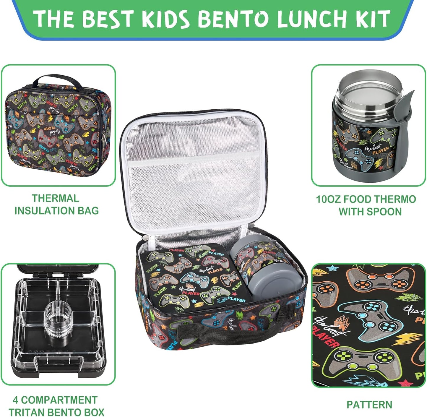 Bento Lunch Box Set With 10oz Soup Thermo, Leak-proof Lunch Containers with 4 Compartment, Kids Hot Thermo Food Jar/Insulation Lunch Bag, Food Containers for School (Black-Games)