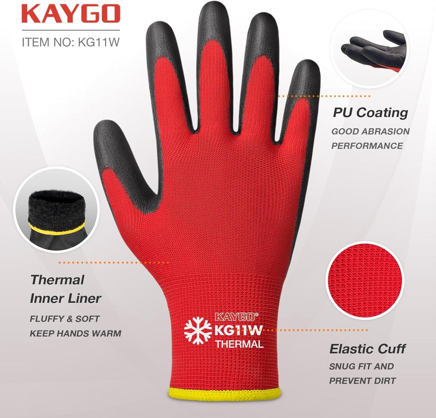 KAYGO Winter Work Gloves for Men and Women, 12 Pairs Thermal Insulated Safety Work Gloves PU Coated, Smooth Grip on Palm & Fingers,Ideal for Freezer Work,Red,XL
