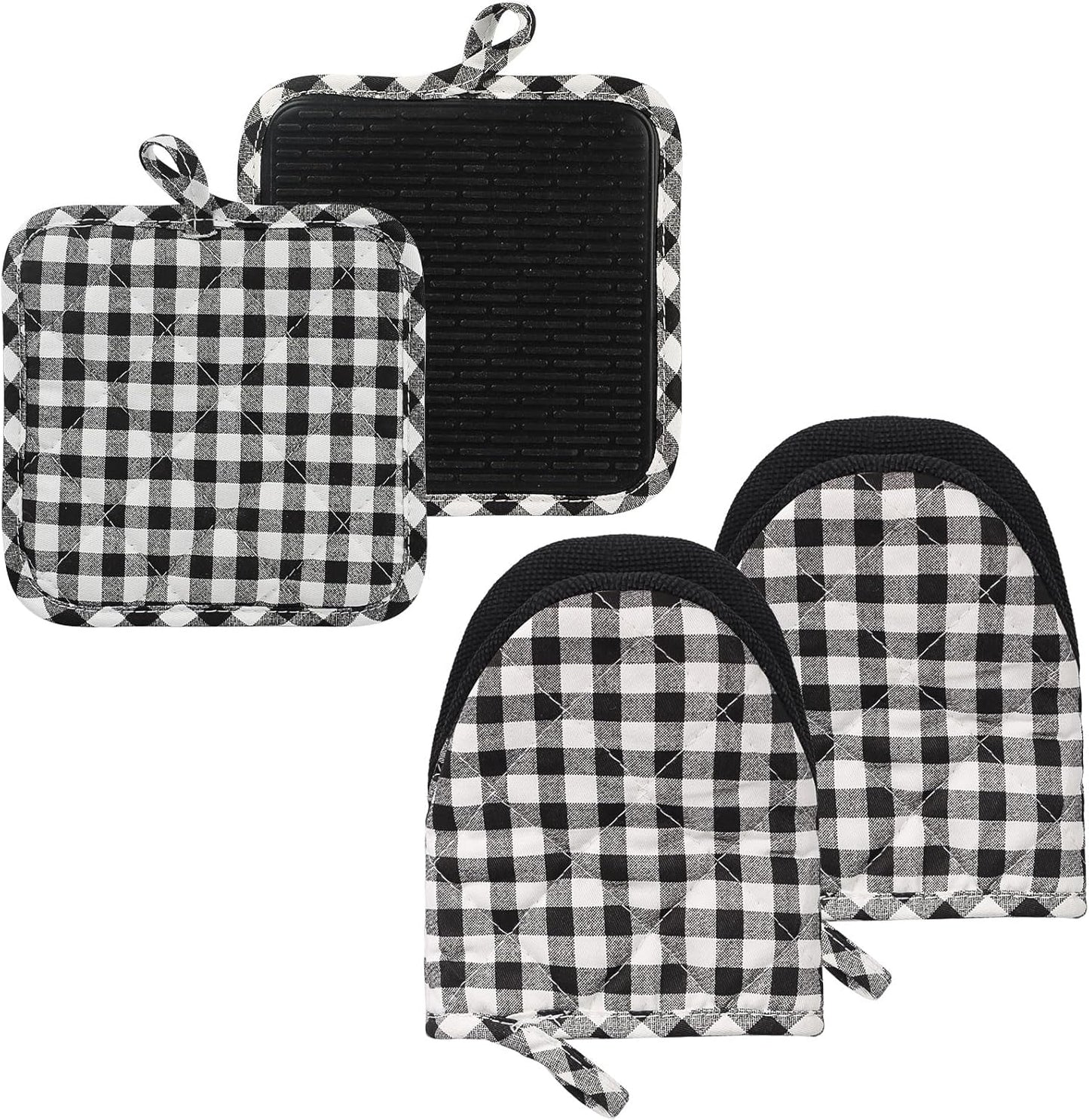 Oven Mitts and Pot Holders Set, Pack of 4, Heat Resistant Silicone Kitchen Mini Oven Mittens for 500 Degrees, Mini Oven Gloves and Hot Pads for Baking Grilling Barbecue Microwave Machine Washable