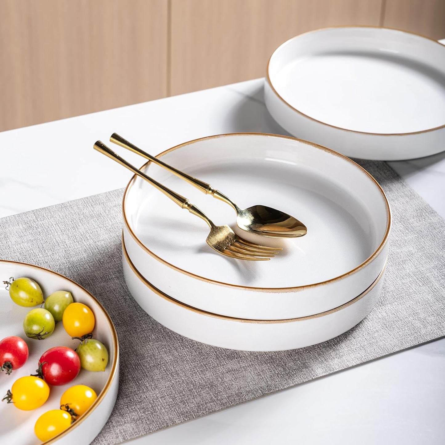 GBHOME 9'' Large Ceramic Pasta Bowls, 32oz Stoneware Pasta Serving Bowls Set of 4 for Kitchen, Wide Bowls for Fruit,Pasta,Salad,Oatmeal,Meal, Microwave Safe, Pearl White