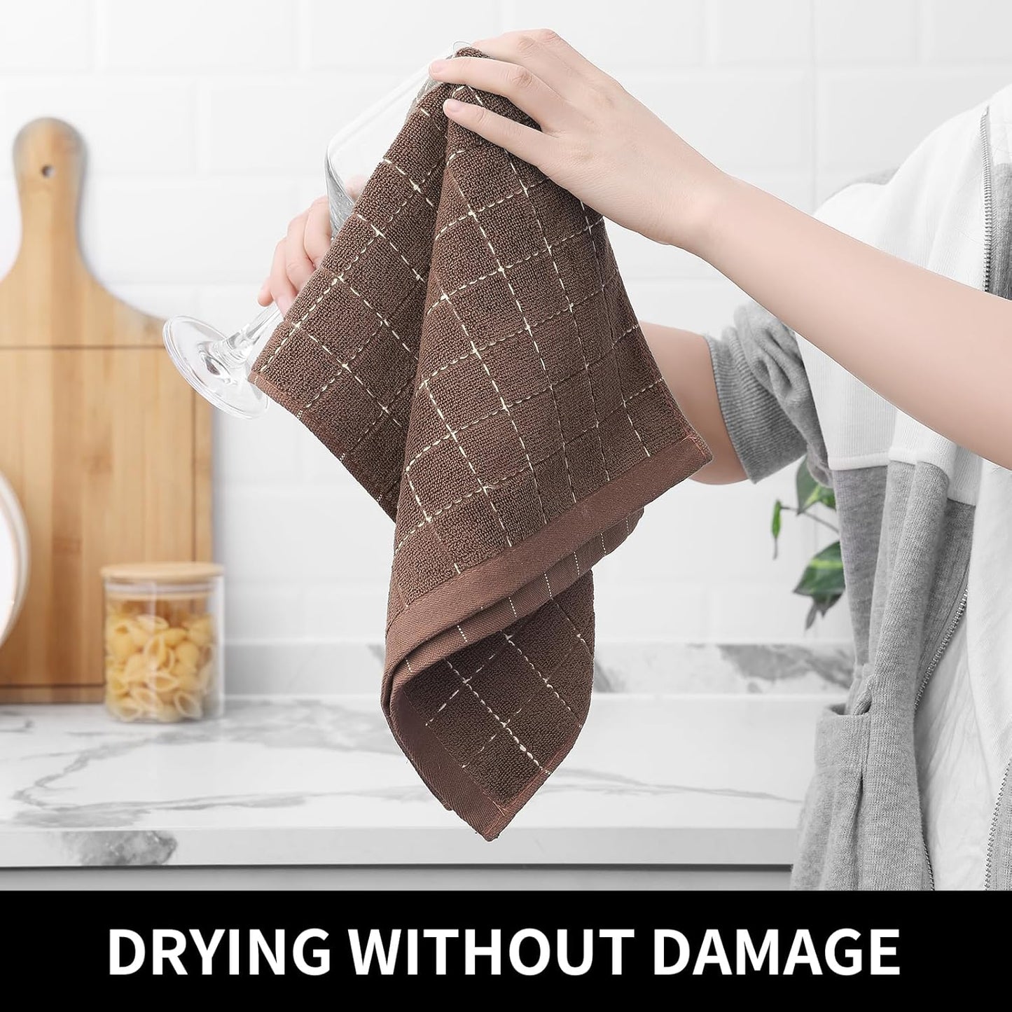 Homaxy 100% Cotton Terry Kitchen Towels(Brown, 13 x 28 inches), Checkered Designed, Soft and Super Absorbent Dish Towels, 6 Pack