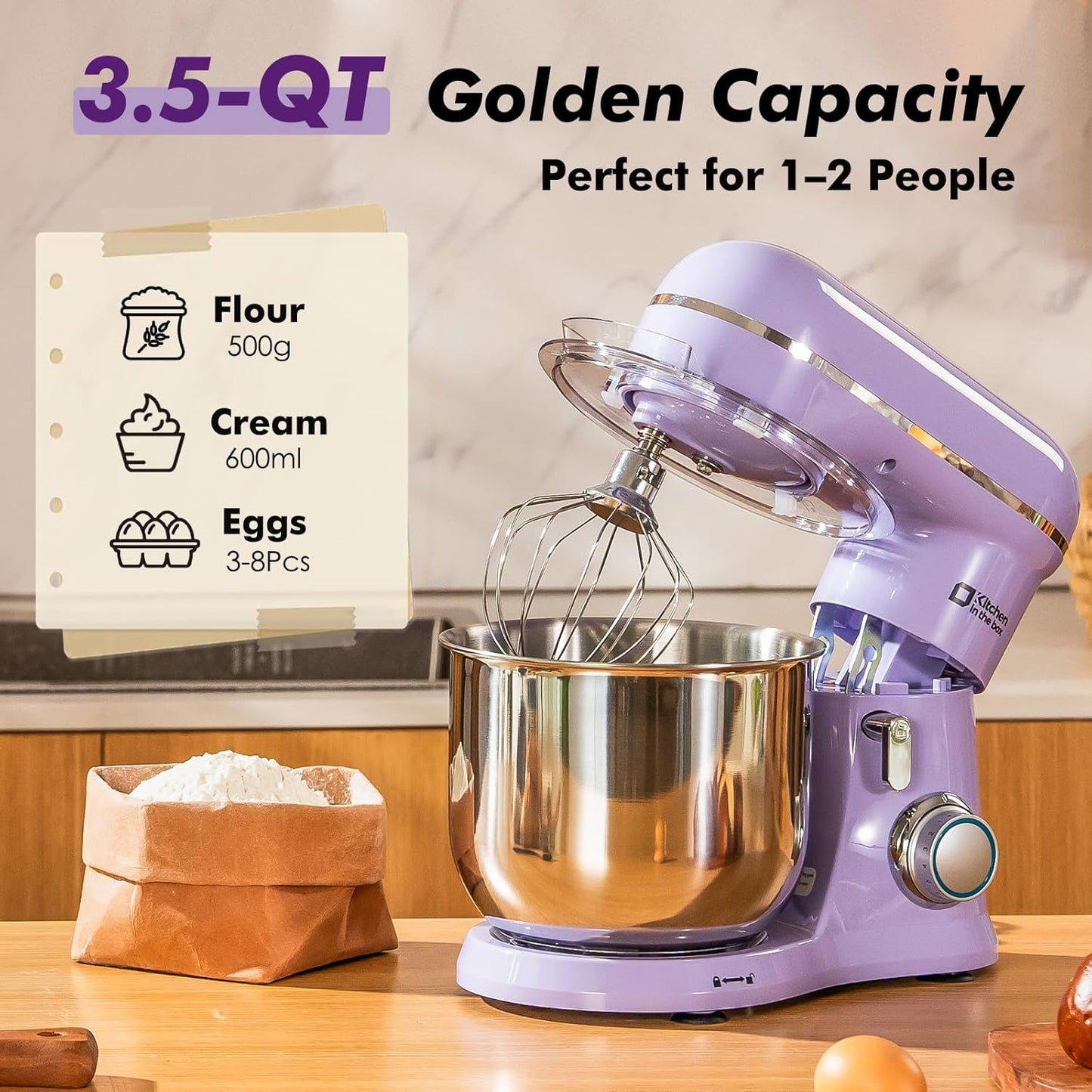 Kitchen in the Box Stand Mixer, 3.5 QT Small Electric Kitchen Mixer, 10-Speed Portable Lightweight Food Mixer with Stainless Steel Bowl, Egg Whisk, Dough Hook, Beater (Lavender Purple)