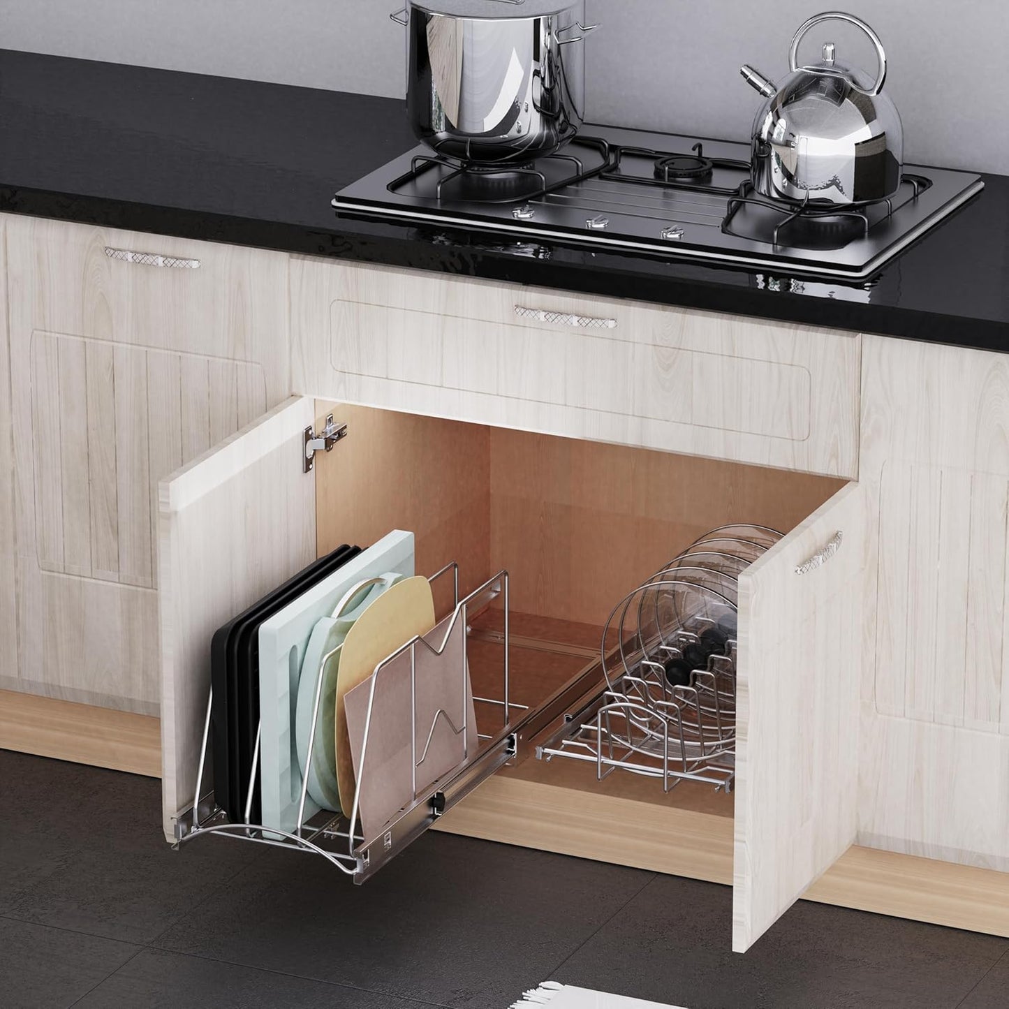 Pull Out Cookie Sheet Organizer for Cabinet, Pan and Pot, Cutting Board, Bakeware, Tray Organizer Rack, Sliding Rack- Heavy Duty, Adjustable Divider Width, 10" W x 22" D x 11" H, Chrome