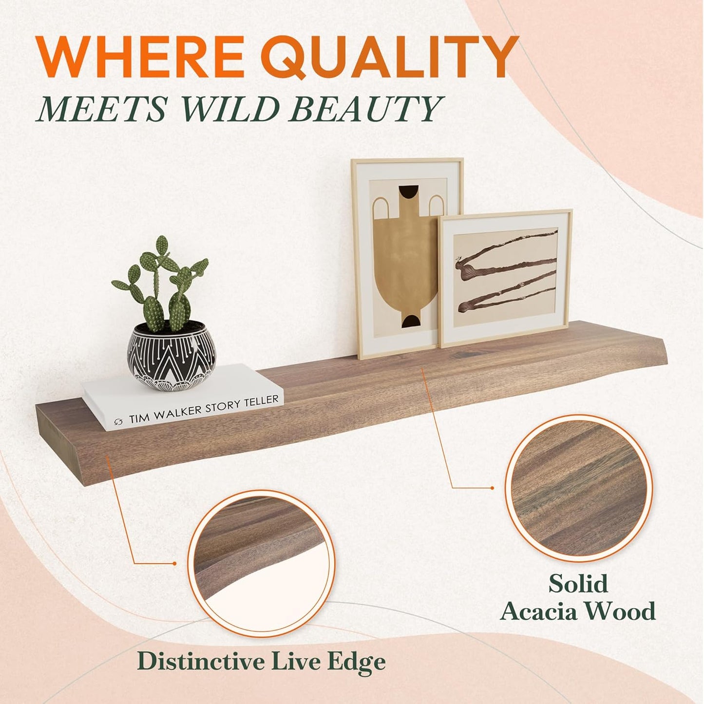 36" Acacia Live Edge Floating Shelves Set of 2 - Wall Mounted Wooden Shelf for Stylish Home Décor - Dark Walnut Color 36x7.5x1.5 Inches