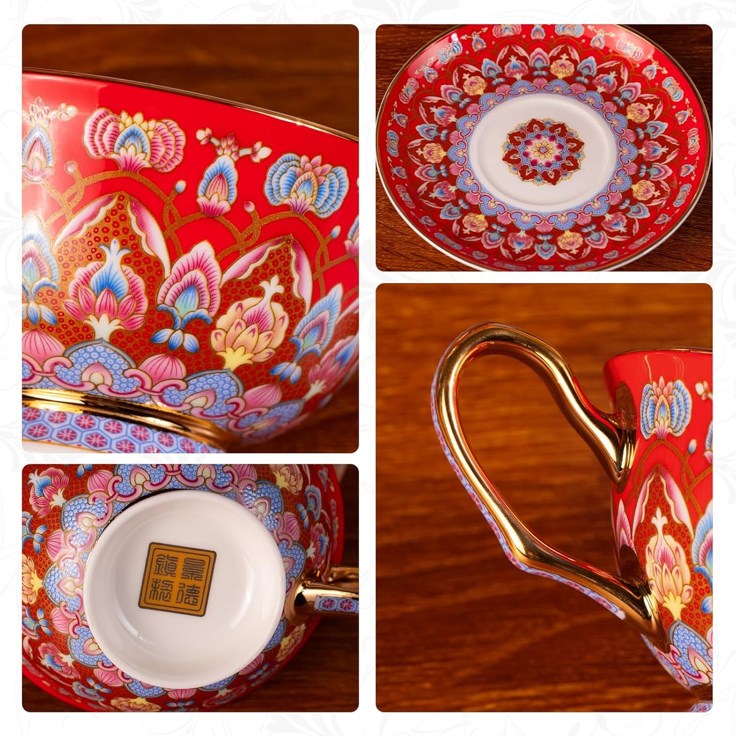 KAMMAK Tea Cups and Saucers Set of 2, Porcelain Coffee Cups with Saucer for Espresso, Cappuccino, 8oz Vintage Red and Blue Ceramic Demitasse Mug for Home, Tea Party, Office