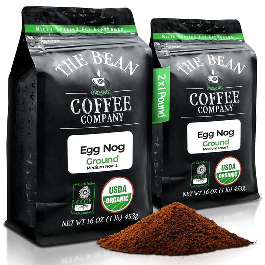 The Bean Organic Coffee Company Egg Nog, Medium Roast, Ground Coffee, 16-Ounce Bags (Pack of 2), Café molido tostado orgánico