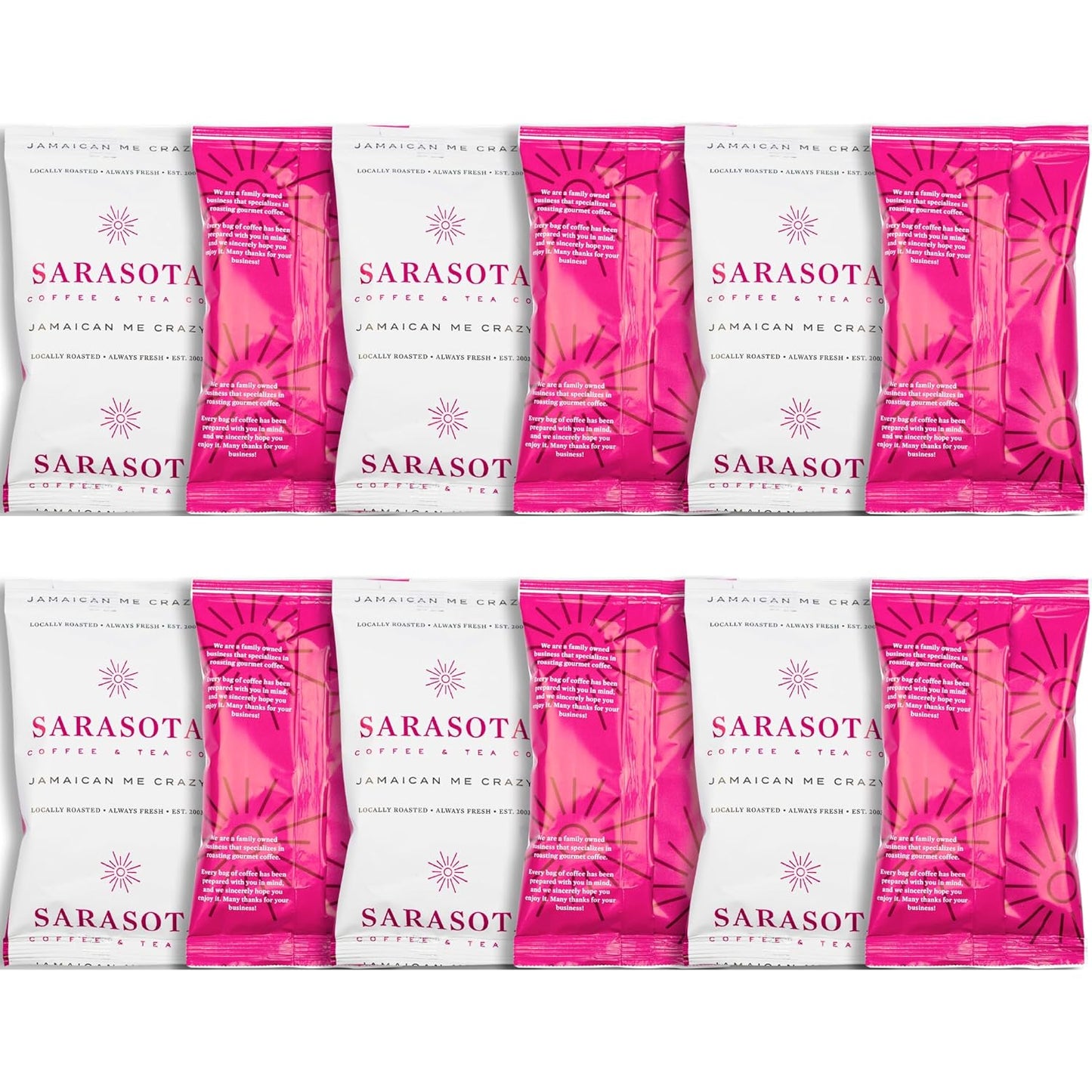 Sarasota Coffee Ground Packets | Gourmet Flavored Medium Roast Grounds Packs | Jamaican Me Crazy | Low Acid Mold Free Individual Single Pot Pouches for 12 Cup Coffee Maker | 2 Ounce Bags, 12 Count