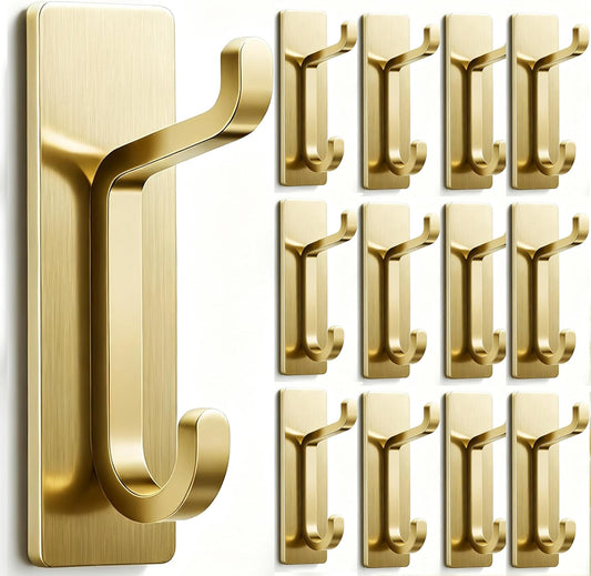 pickpiff Wall Hooks for Coat and Towel: 13LB Adhesive Door Hanger Stick on, Brushed Gold