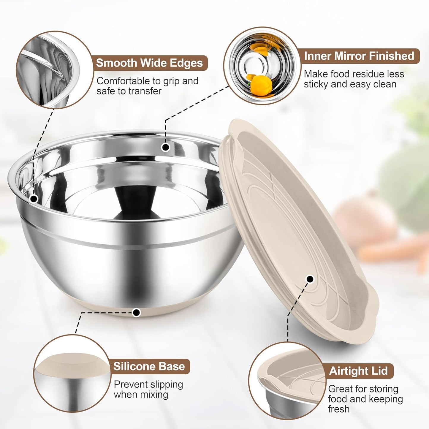 TeamFar Khaki Mixing Bowls, 6-Piece Stainless Steel Nesting Salad Bowls with Lid Set for Prepping Baking, Non-Toxic & Stackable, Air-Tight Lid & Non Slip Bottom, 4.6/2.6/2/1.5/1 / 0.7 QT