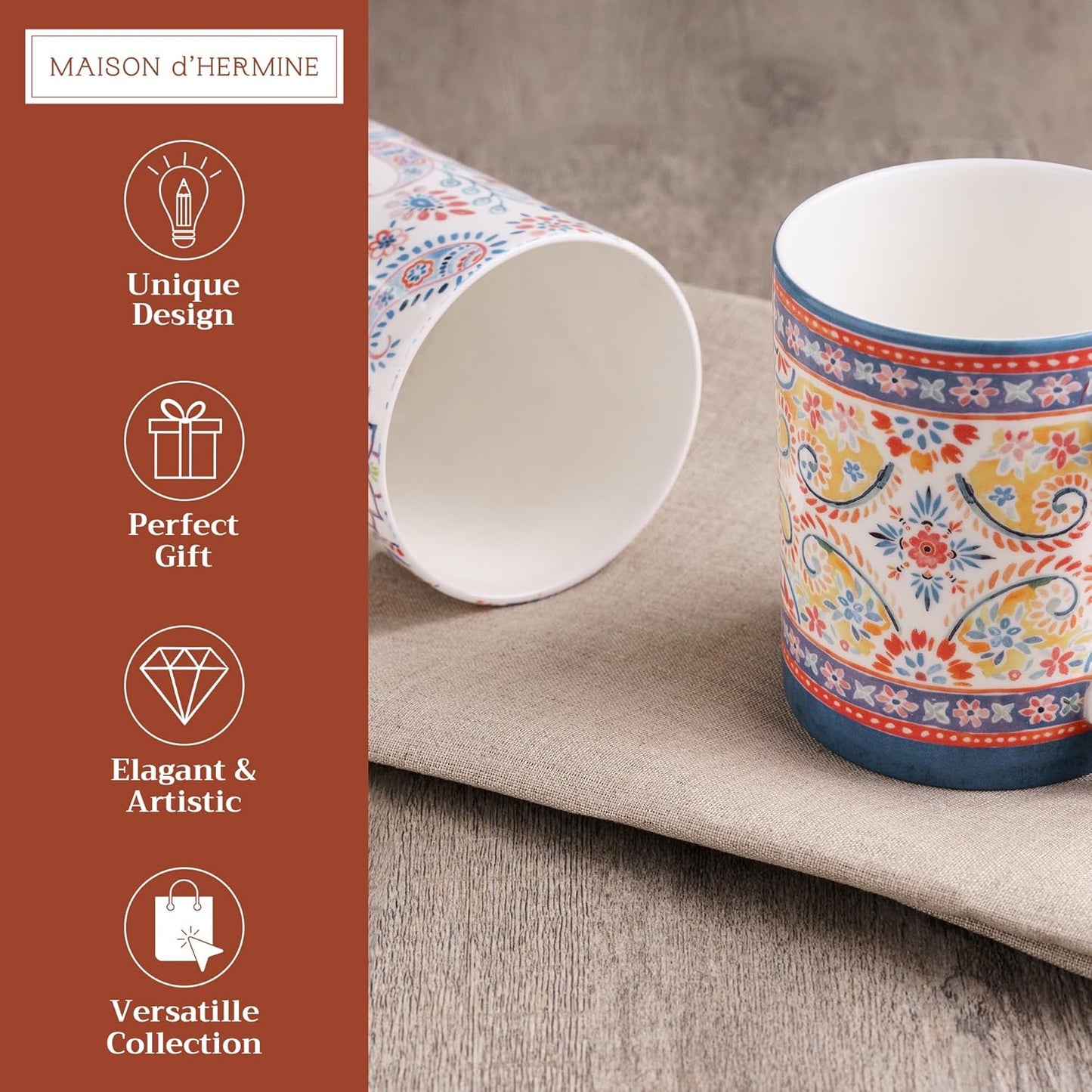 Maison d' Hermine Coffee Mug with Handles Fine Bone China Mugs Pack of Two Tea Cups for Hot Beverages Cappuccino Latte Home Restaurant Office Perfect for Gift (Indian Floral, 12 Ounce)