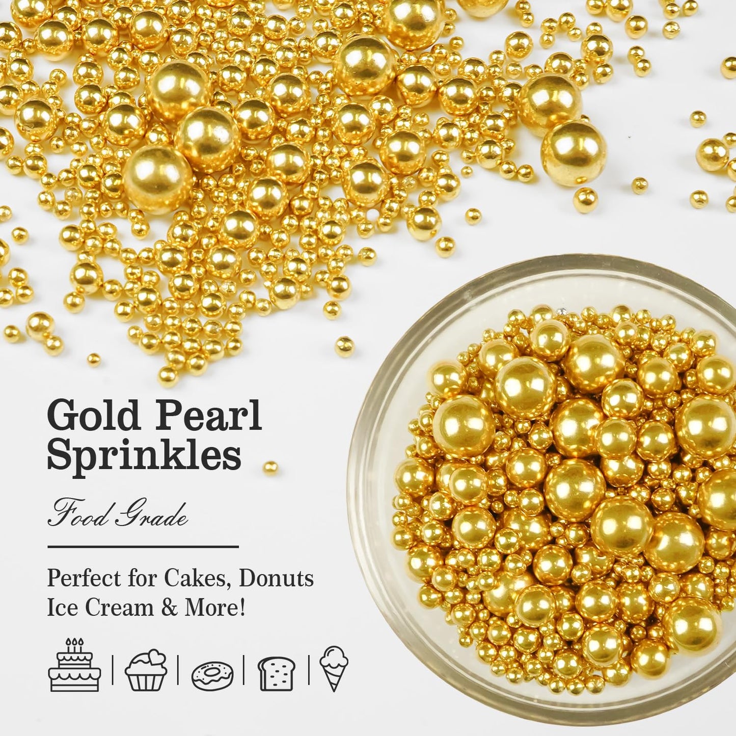 Gold Pearl Sprinkles for Cake Decorating, 150g/5.29oz, Mix Size, Edible Sugar Candy Pearls, Cake Decorations, Cupcake, Cookies, Ice cream Topper, Holiday, Wedding Party, Easter, Christmas Supplies