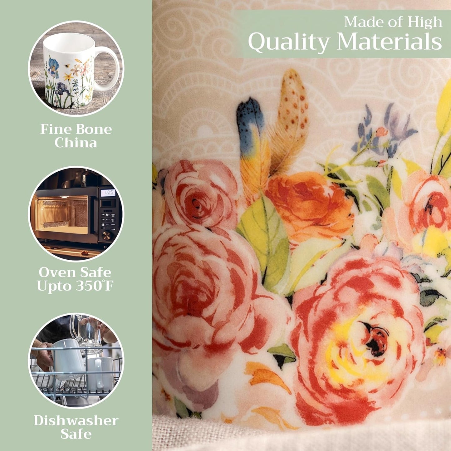 Maison d' Hermine Coffee Mug with Handles Fine Bone China Mugs Pack of One Tea Cups for Hot Beverages Cappuccino Latte Home Restaurant Office Perfect for Gift (Ibiza - Beige - Rose, 12 Ounce)