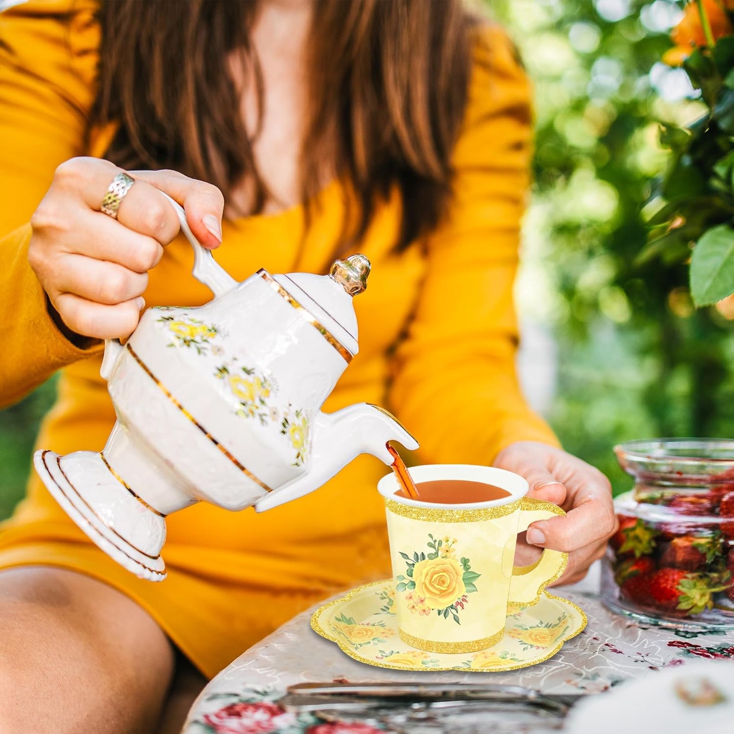 24 Sets Floral Paper Tea Cups and Saucers Disposable Tea Party Supplies Colorful Flower Teacups with Handle and Plates for Hot Cold Drink Wedding Birthday Party Baby Shower