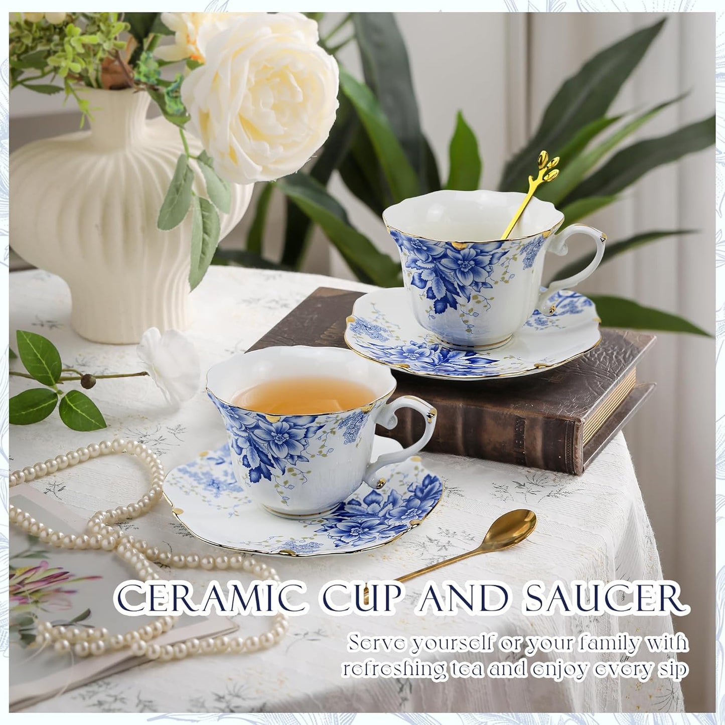 TATSUMI Country Roses Bone China Tea Cup and Saucer Set, 6 Pieces, Vintage Style, For Women and Tea Parties(Rose Blue,2 Sets)