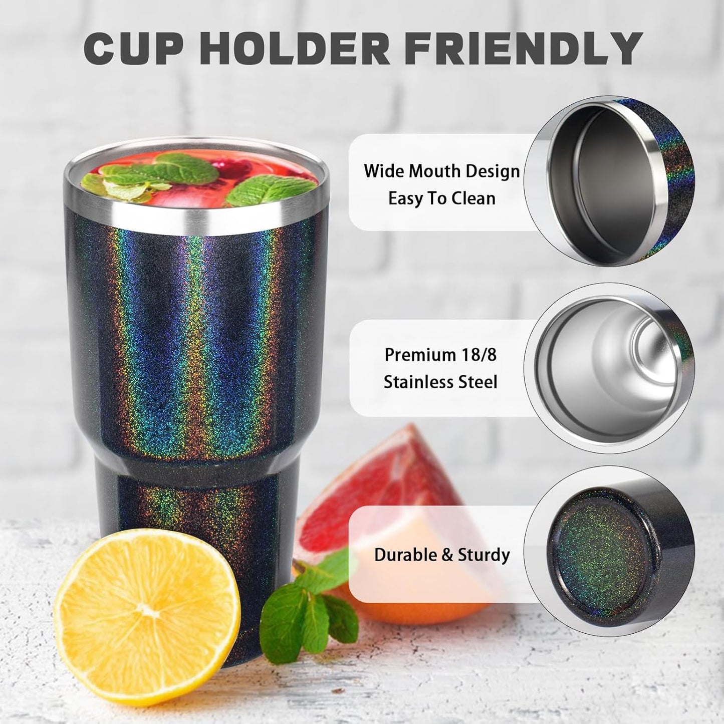 30 oz Tumbler with Lids and Straws, Stainless Steel Insulated Coffee Tumbler, Double Wall Vacuum Insulated Travel Mug Cup, Leakproof Thermal Coffee Cup for Hot and Cold Drinks (Glitter Black)