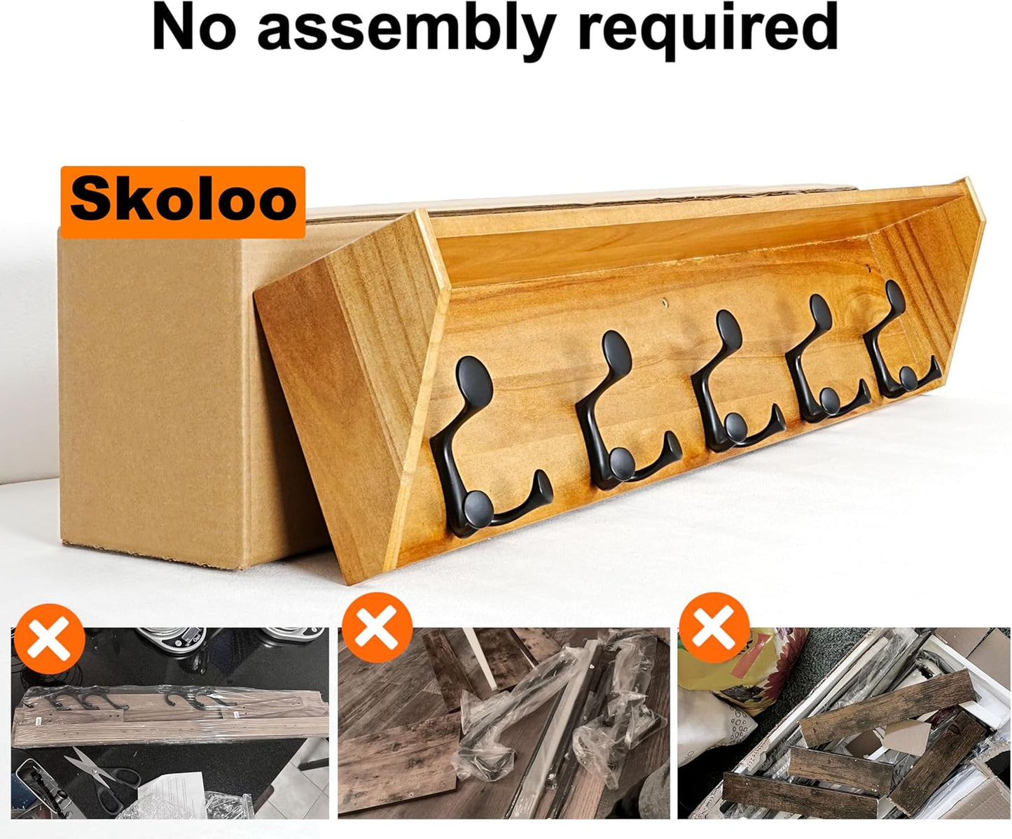 SKOLOO Wall Shelf with Hooks, 24-Inch Brown Coat Rack Wall Mount with Shelf Organizer - Lightweight & Sturdy, 5 Tri Hooks - Perfect for Entryway, Hallway, Living Room, Bedroom, Mudroom