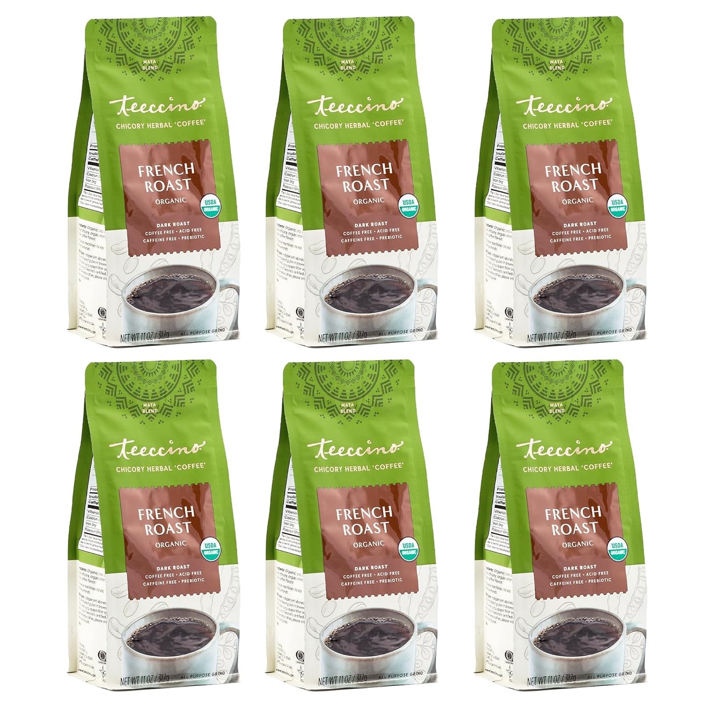 Teeccino French Roast Chicory Coffee Alternative - Ground Herbal Coffee That’s Prebiotic, Caffeine-Free & Acid Free, Dark Roast, 11 Ounce (Pack of 6)