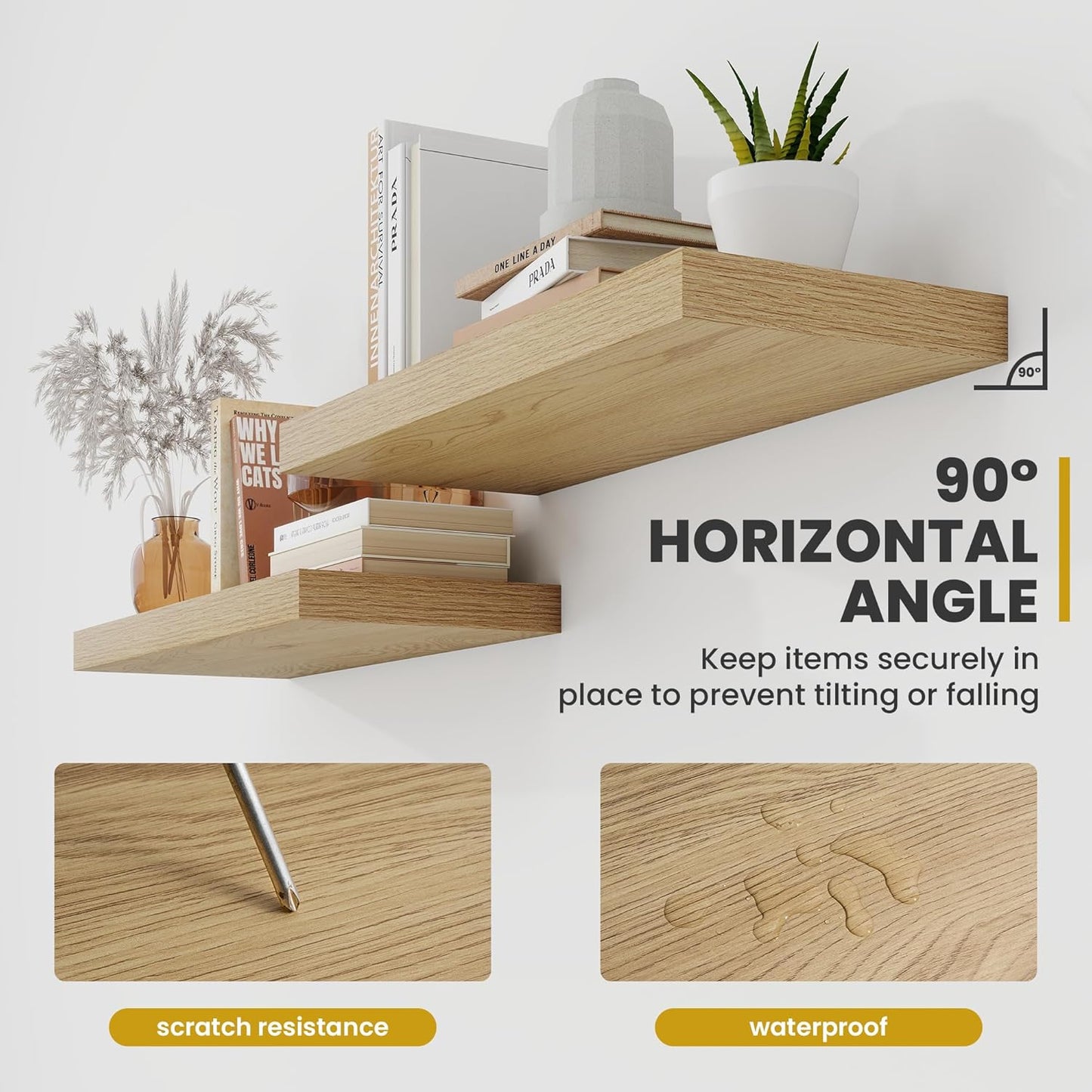 30 Inch Floating Shelves, 9.3" Deep Floating Shelf Wall Mounted, 30" Wall Shelves, Rustic Deep Bookshelf, Large Display Shelves & Storage Shelves for Bedroom, Living Room, Oak, Set of 2