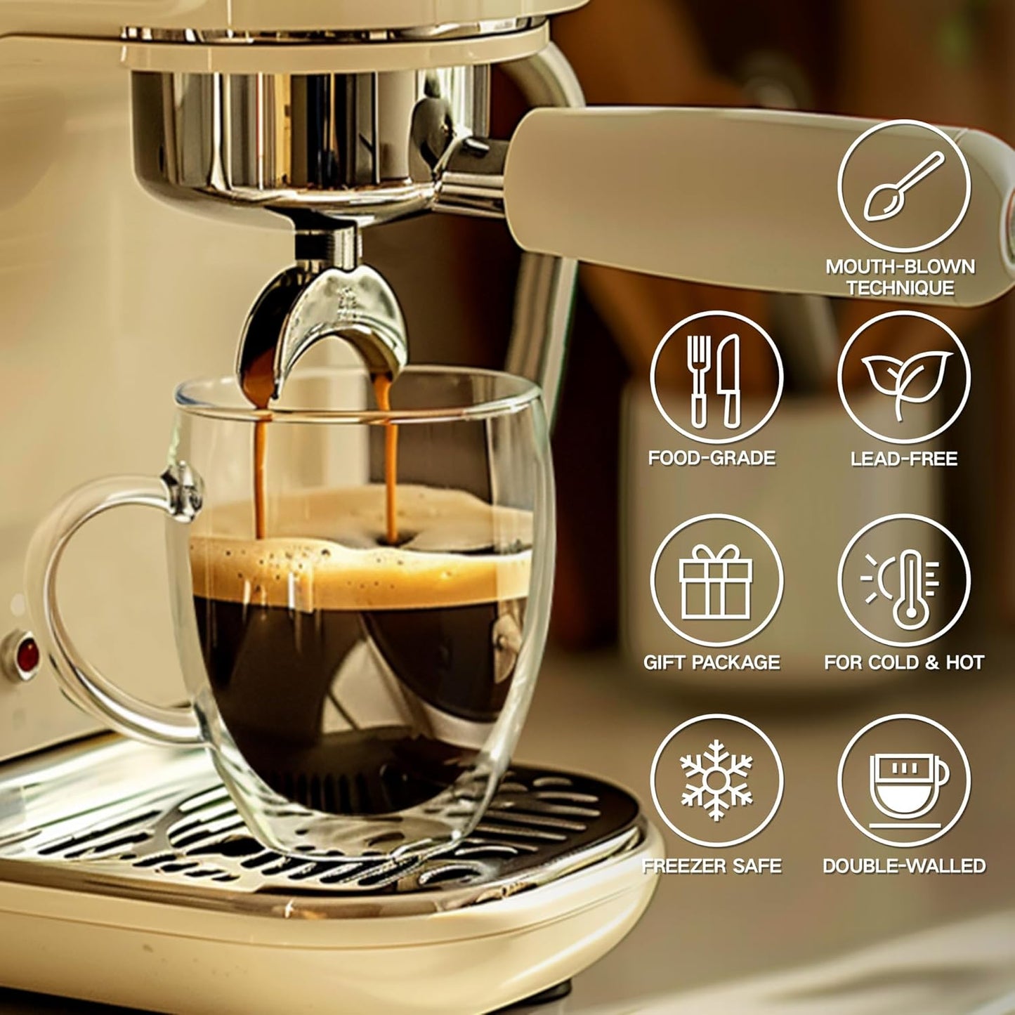 12 Ounces Set of 2 Double Walled Glass Coffee Mugs with Handle Insulated Layer Coffee Cups Borosilicate Glass Espresso Double Insulated Clear Glass Coffee Mug for Hot Beverages