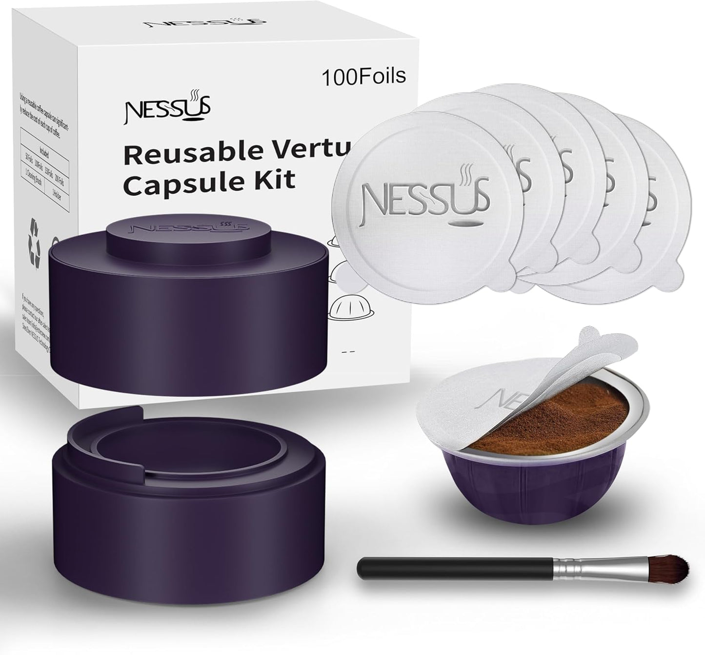 Nessus Reusable Vertuo Capsule Kit, [ALSeal EZ FIT] for Refillable Pods with 100 Pcs Aluminum Foil Seal Lids, Holder, Brush, for Refilling Vertuo Pods Reusable Vertuoline Pod(Purple)